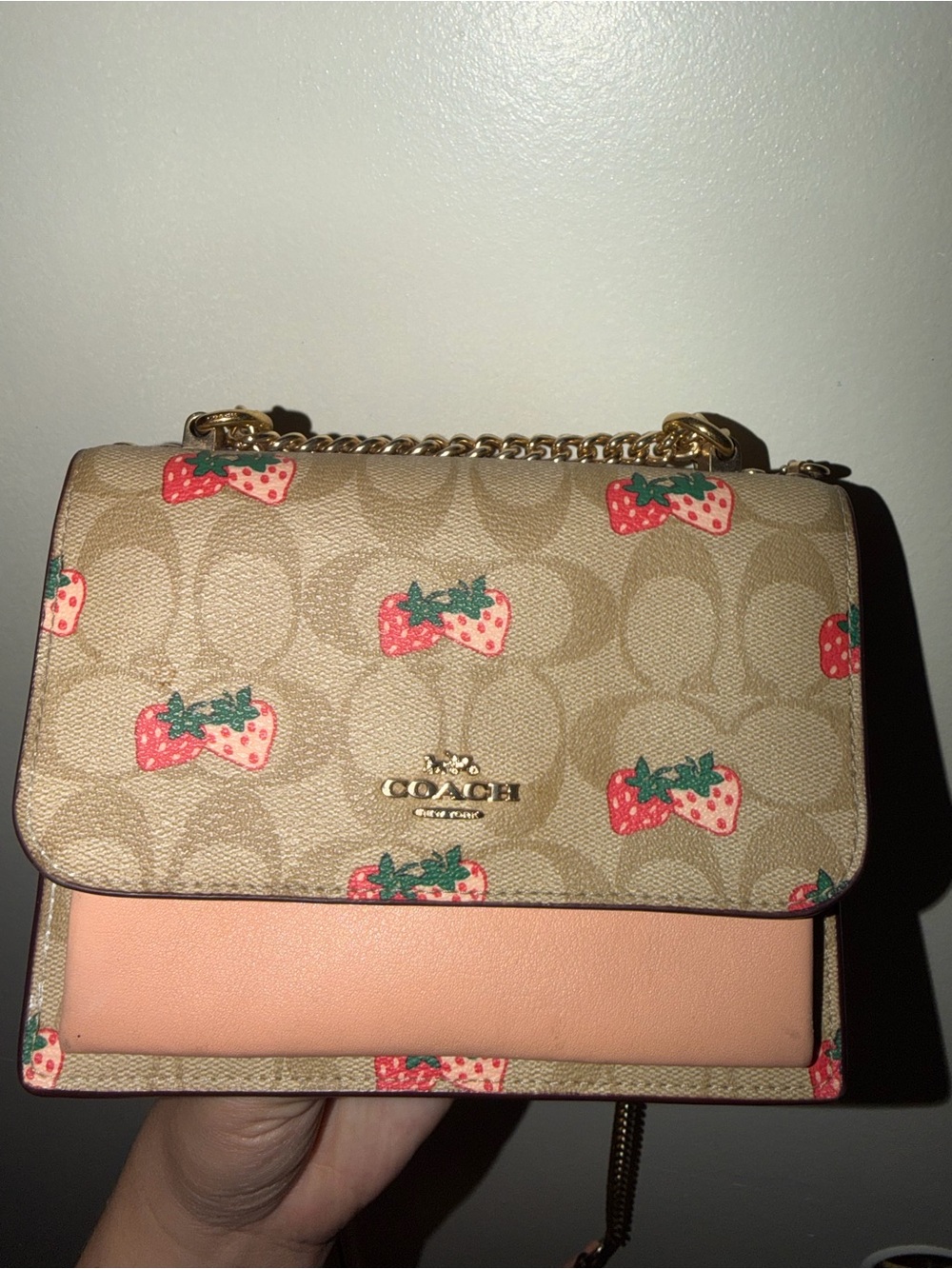 Coach Beige Signature Crossbody Bag with Pink Strawberry Print